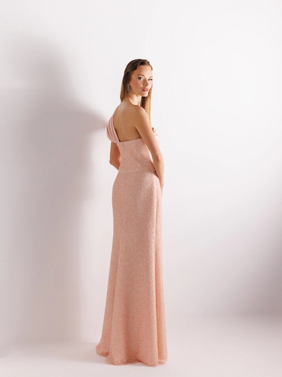 A25111-Tek Omuz Drapeli Payetli Balık Abiye Elbise