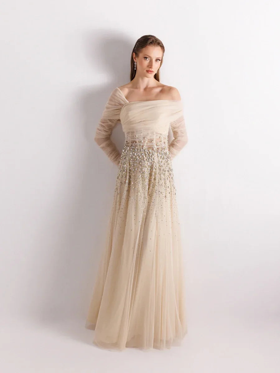 A25127-Straplez Uzun Kollu Full beden İşlemeli Prenses Abiye Elbise - Kenzel