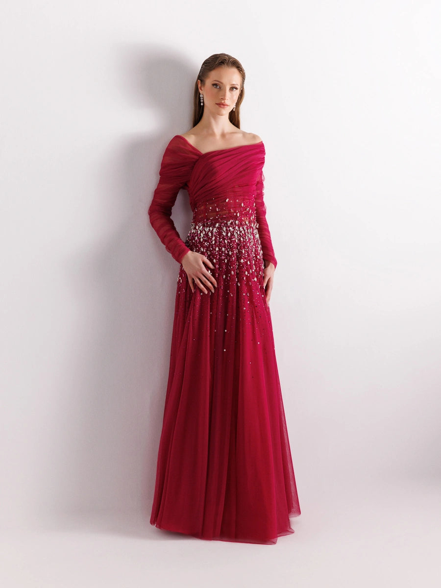 Fuşya Rengi Full beden İşlemeli Prenses Abiye Elbise 2