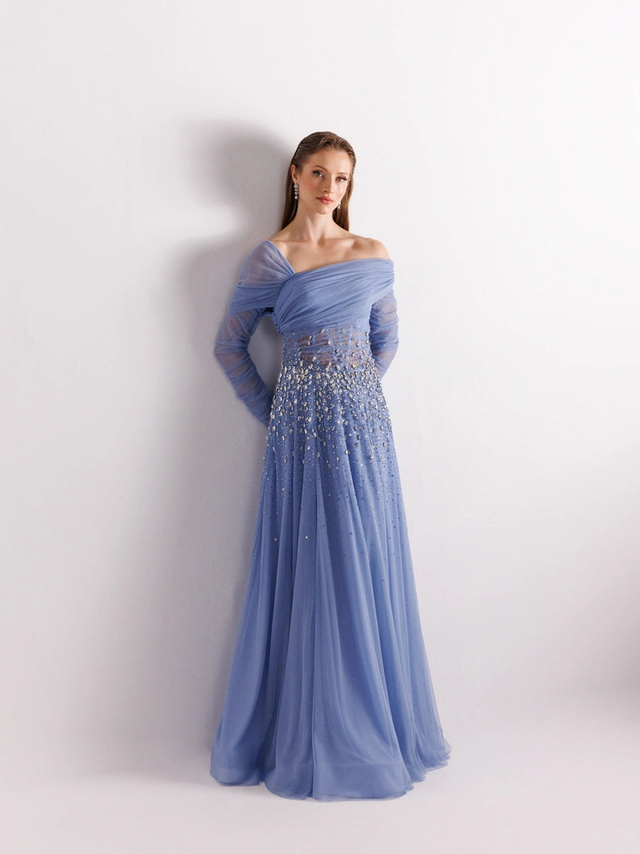 Mavi renk Straplez Uzun Kollu Full beden İşlemeli Prenses Abiye Elbise 2