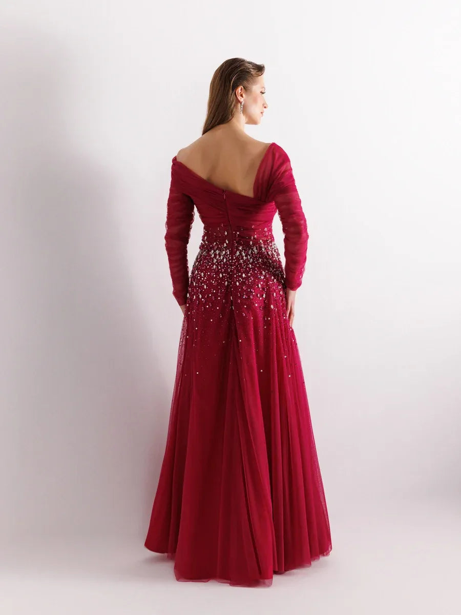 A25127-Straplez Uzun Kollu Full beden İşlemeli Prenses Abiye Elbise - Kenzel