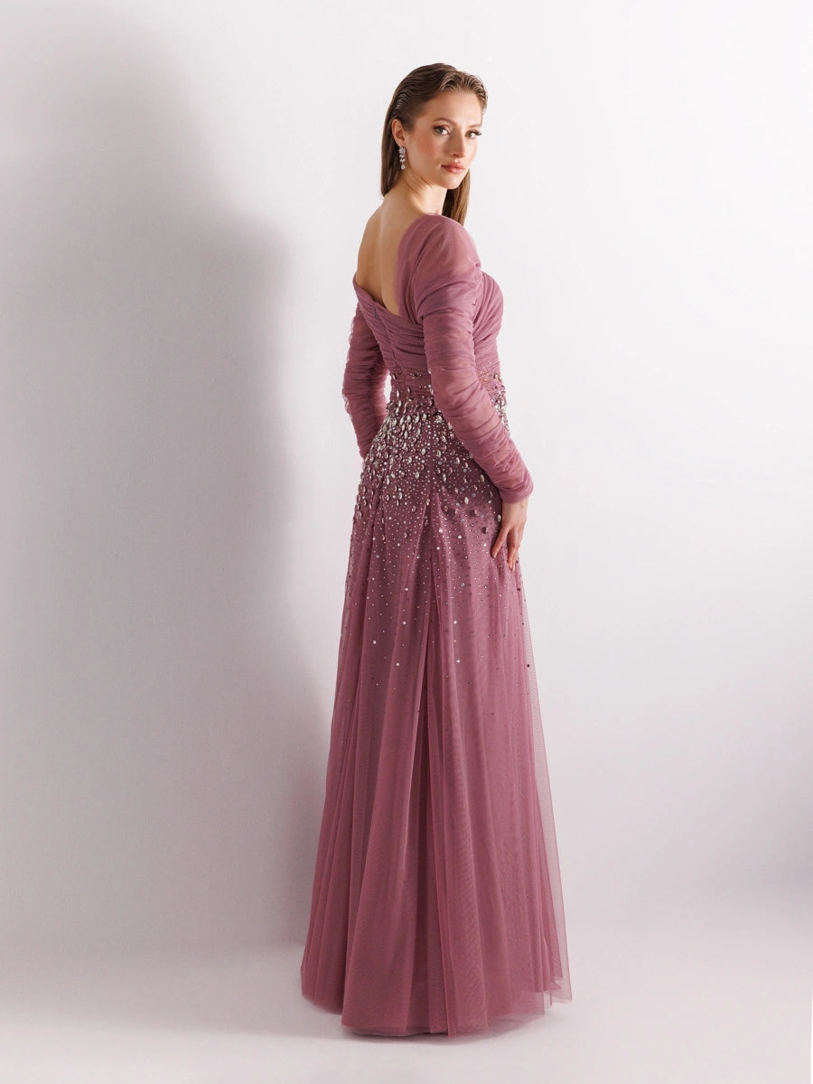 A25127-Straplez Uzun Kollu Full beden İşlemeli Prenses Abiye Elbise