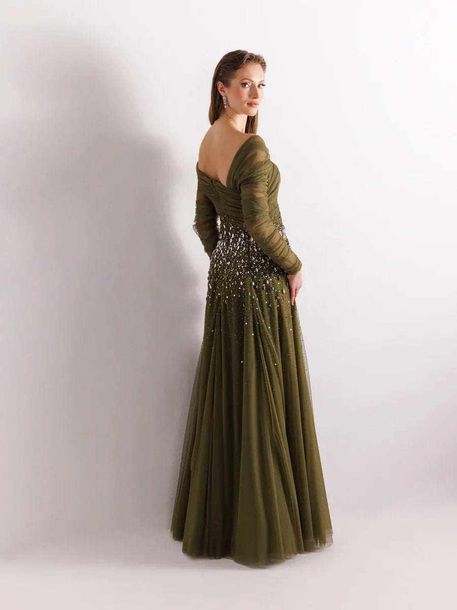 A25127-Straplez Uzun Kollu Full beden İşlemeli Prenses Abiye Elbise - Kenzel