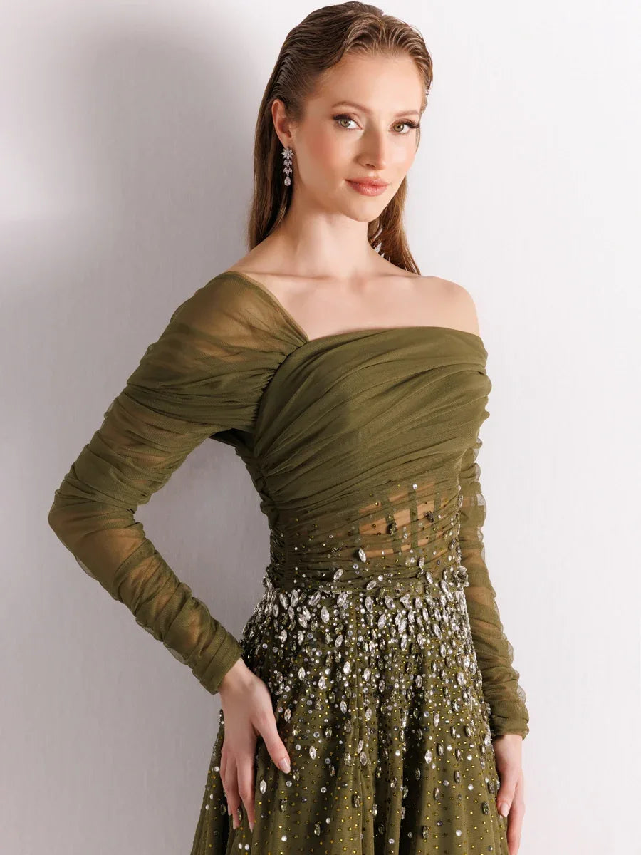 A25127-Straplez Uzun Kollu Full beden İşlemeli Prenses Abiye Elbise - Kenzel