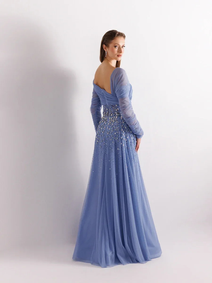 A25127-Straplez Uzun Kollu Full beden İşlemeli Prenses Abiye Elbise - Kenzel