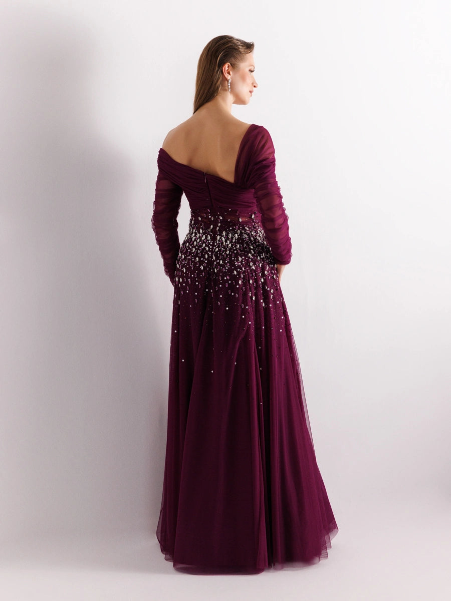 A25127-Straplez Uzun Kollu Full beden İşlemeli Prenses Abiye Elbise