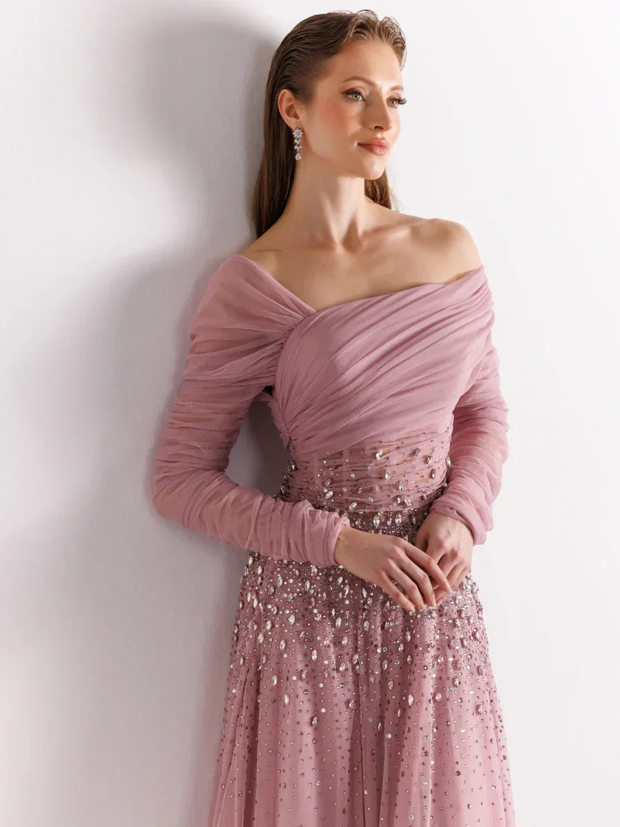 A25127-Straplez Uzun Kollu Full beden İşlemeli Prenses Abiye Elbise - Kenzel