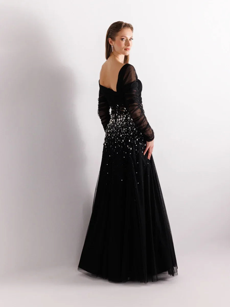 A25127-Straplez Uzun Kollu Full beden İşlemeli Prenses Abiye Elbise - Kenzel