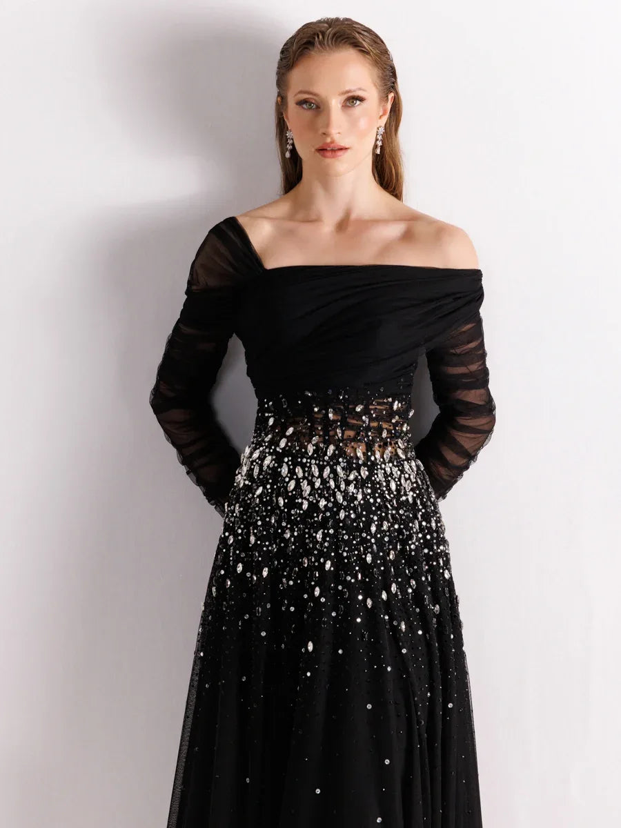 A25127-Straplez Uzun Kollu Full beden İşlemeli Prenses Abiye Elbise - Kenzel