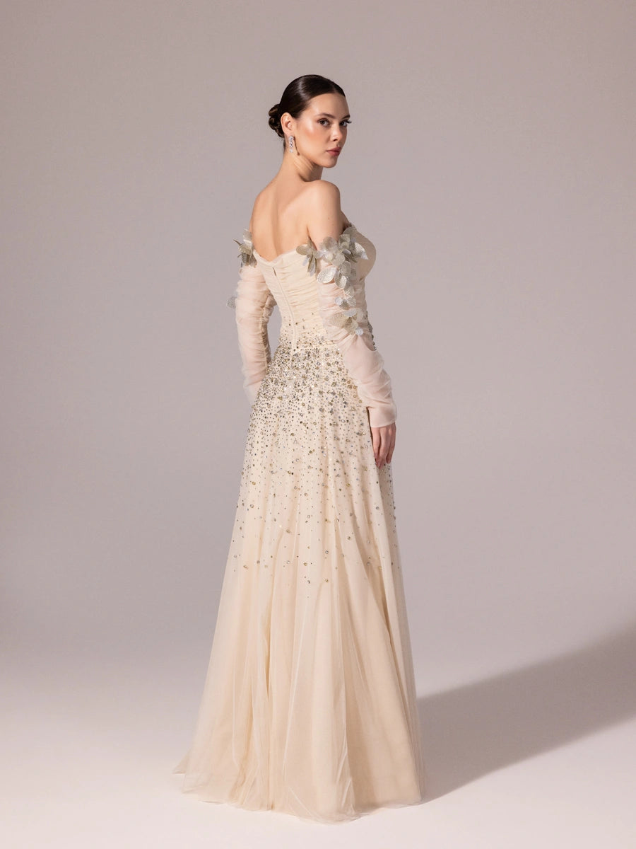 A25166-Uzun Kırma Kollu Full Beden İşlemeli Prenses Abiye Elbise