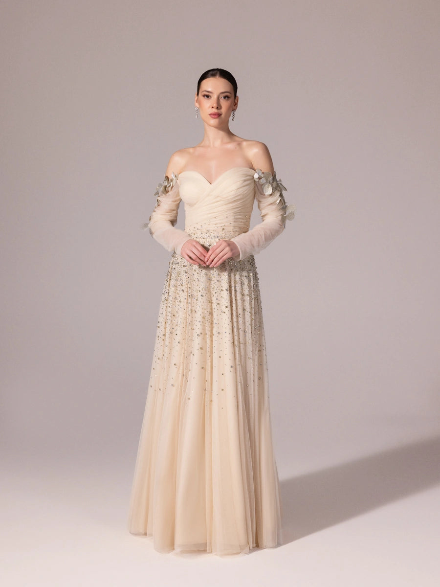 A25166-Uzun Kırma Kollu Full Beden İşlemeli Prenses Abiye Elbise