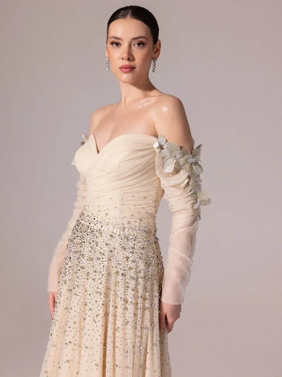 A25166-Uzun Kırma Kollu Full Beden İşlemeli Prenses Abiye Elbise - Kenzel