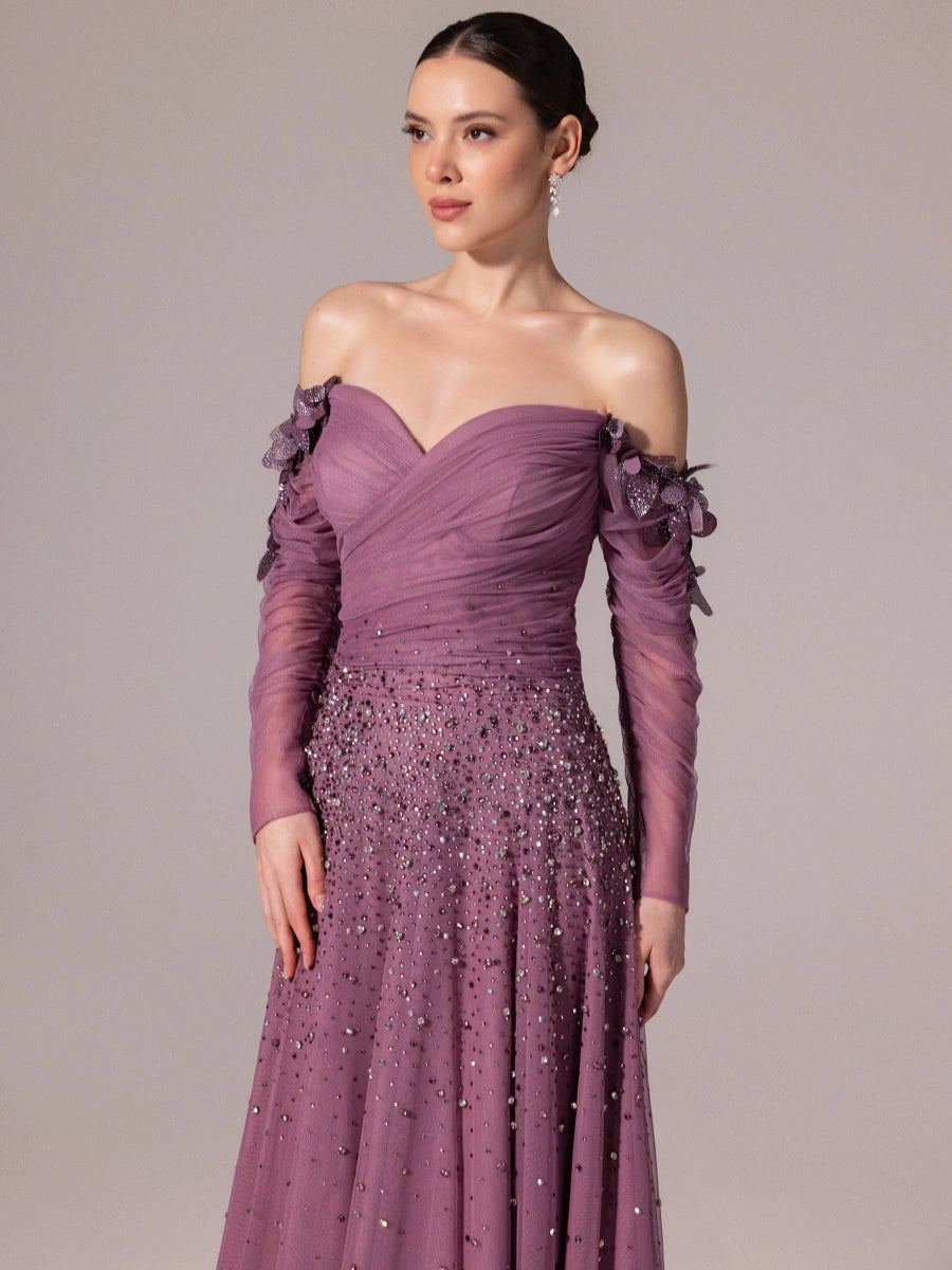 A25166-Uzun Kırma Kollu Full Beden İşlemeli Prenses Abiye Elbise