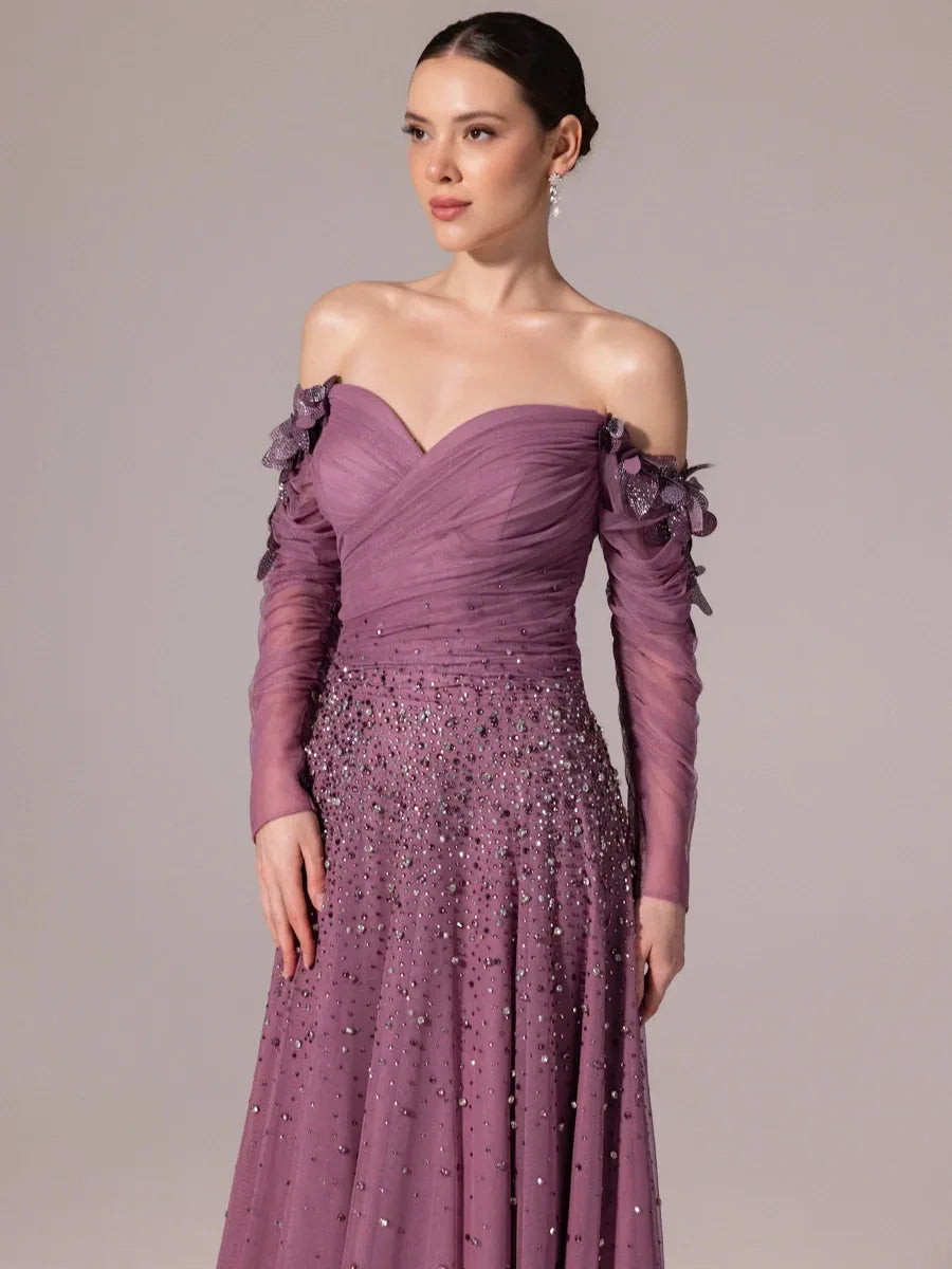 A25166-Uzun Kırma Kollu Full Beden İşlemeli Prenses Abiye Elbise - Kenzel