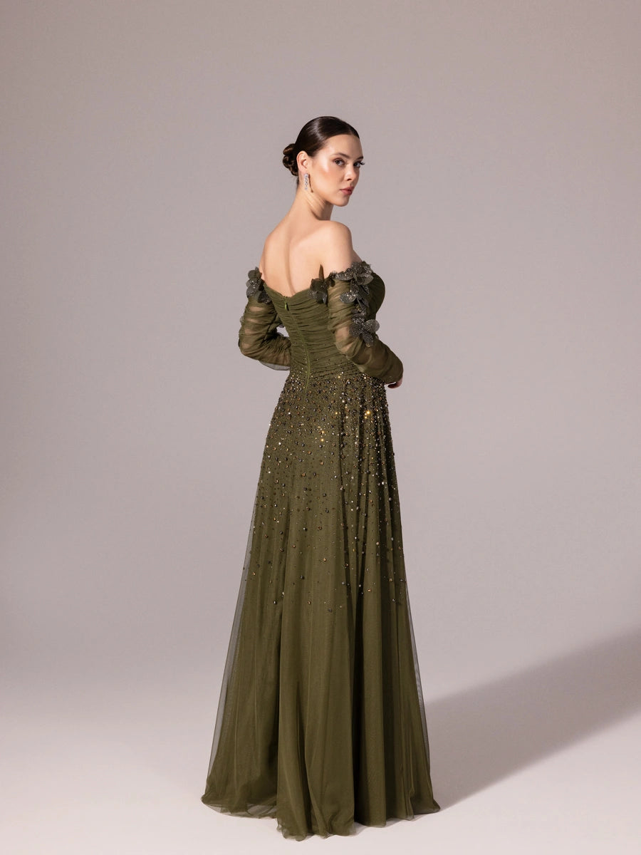 A25166-Uzun Kırma Kollu Full Beden İşlemeli Prenses Abiye Elbise