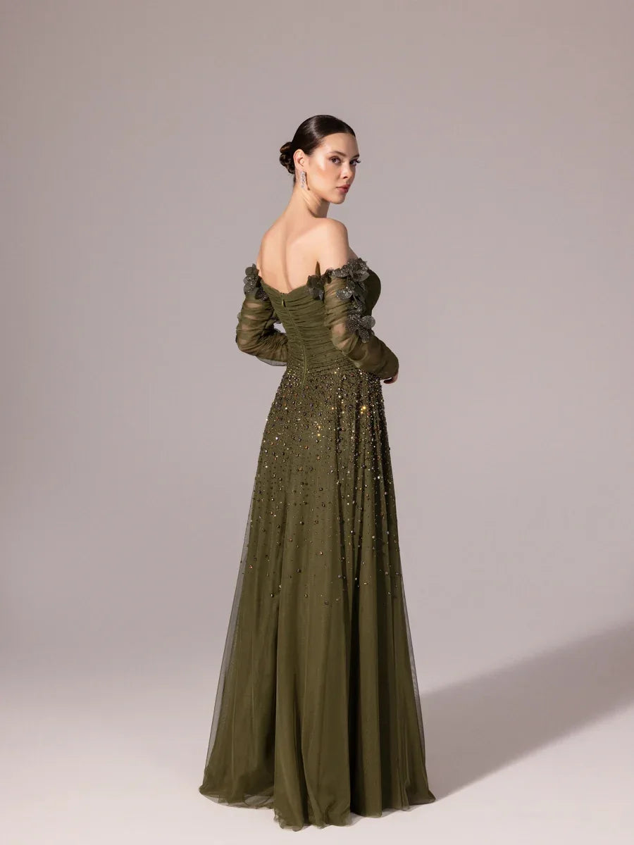 A25166-Uzun Kırma Kollu Full Beden İşlemeli Prenses Abiye Elbise - Kenzel