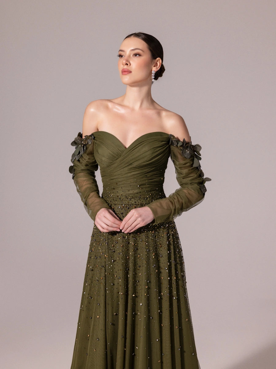 A25166-Uzun Kırma Kollu Full Beden İşlemeli Prenses Abiye Elbise