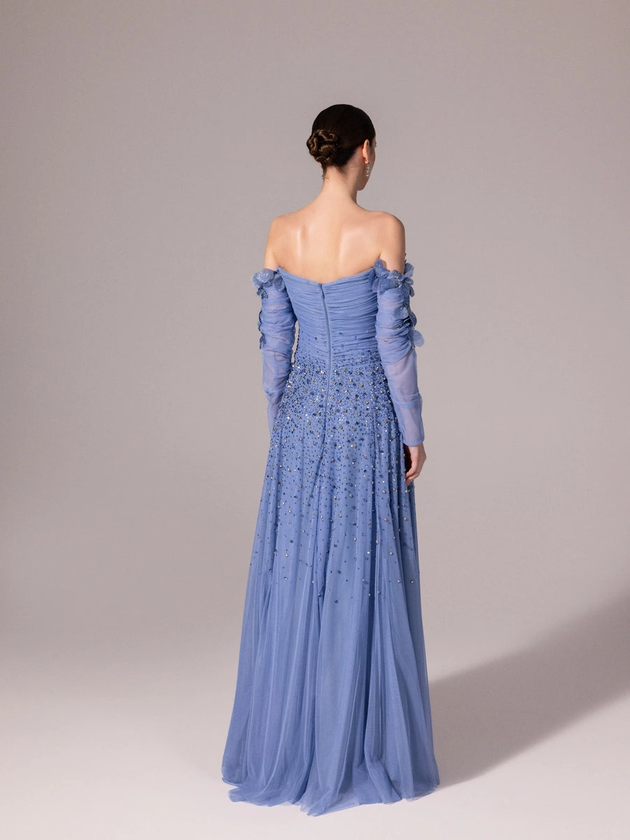 A25166-Uzun Kırma Kollu Full Beden İşlemeli Prenses Abiye Elbise