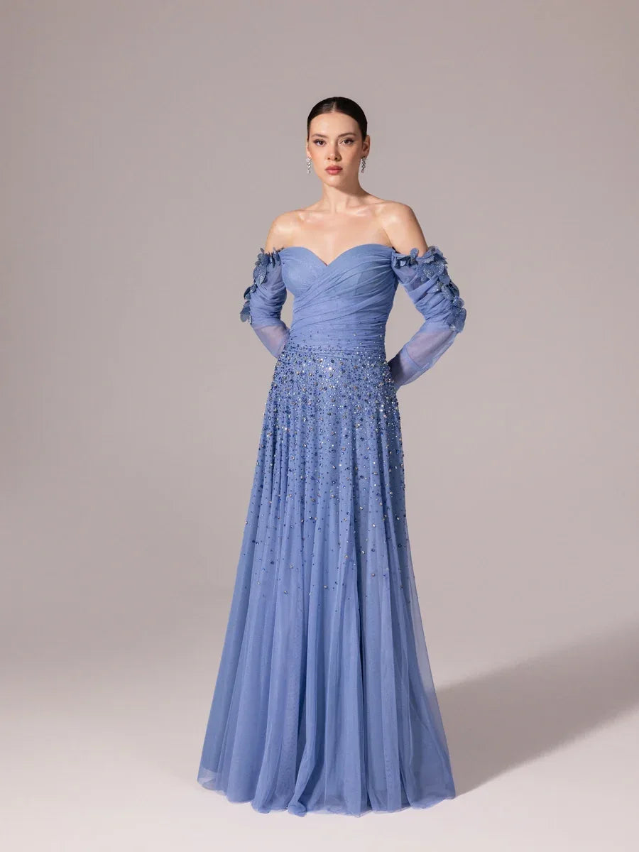 A25166-Uzun Kırma Kollu Full Beden İşlemeli Prenses Abiye Elbise - Kenzel