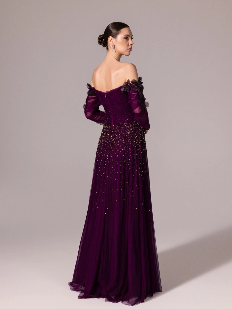 A25166-Uzun Kırma Kollu Full Beden İşlemeli Prenses Abiye Elbise