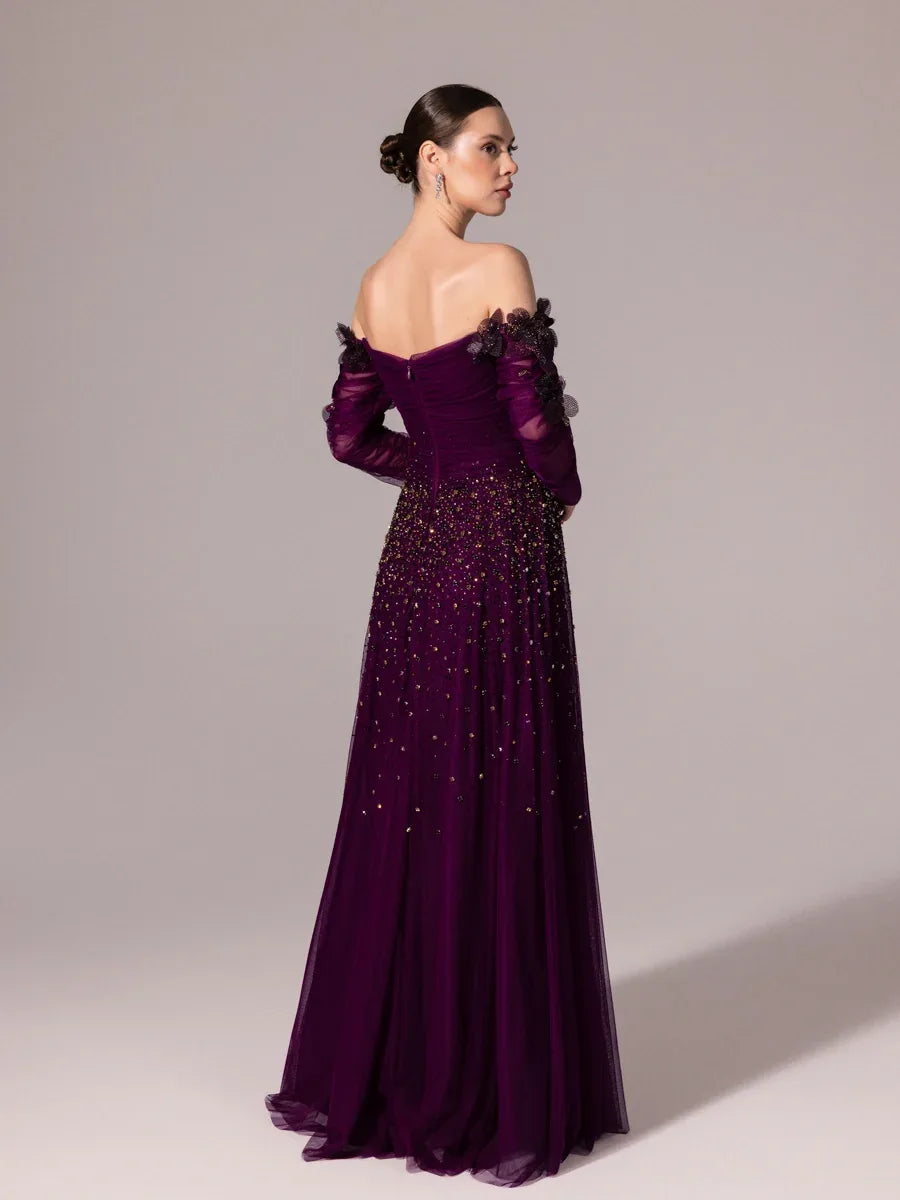 A25166-Uzun Kırma Kollu Full Beden İşlemeli Prenses Abiye Elbise - Kenzel