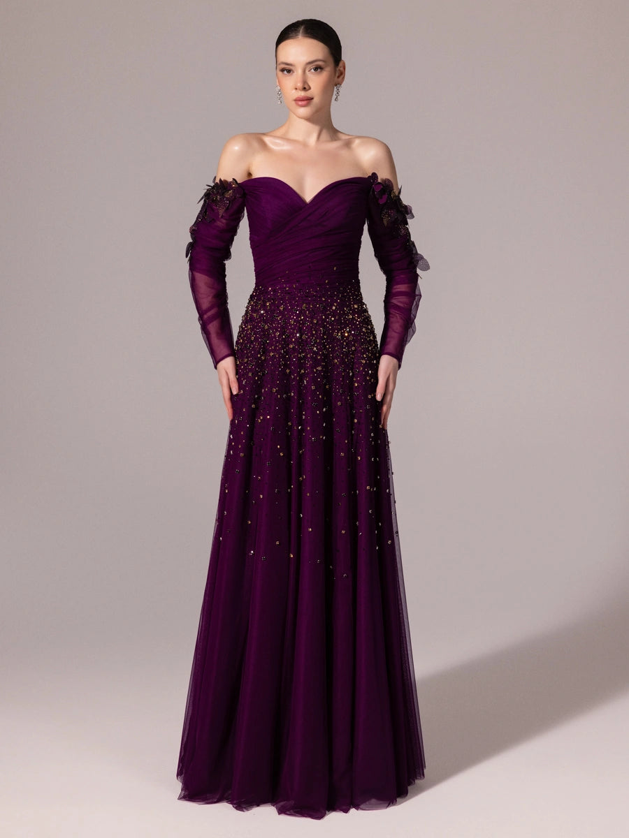 A25166-Uzun Kırma Kollu Full Beden İşlemeli Prenses Abiye Elbise