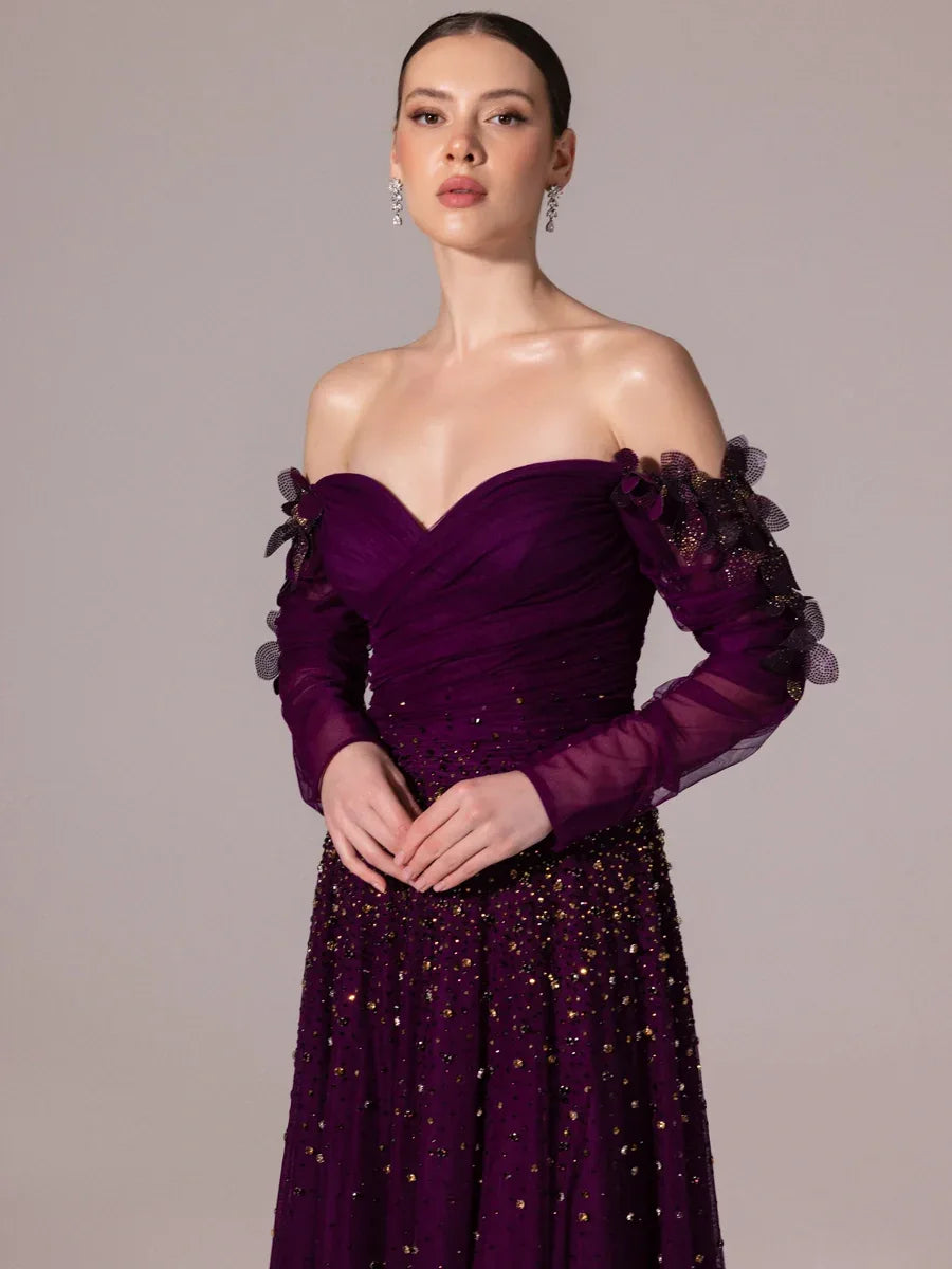 A25166-Uzun Kırma Kollu Full Beden İşlemeli Prenses Abiye Elbise - Kenzel