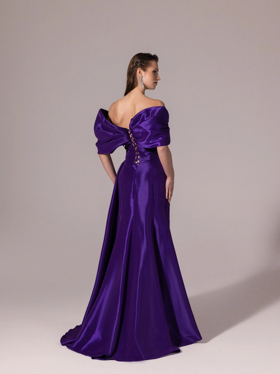 A25177-Straplez Şal Kol Çiçek Detaylı Yırtmaçlı Balık Abiye Elbise