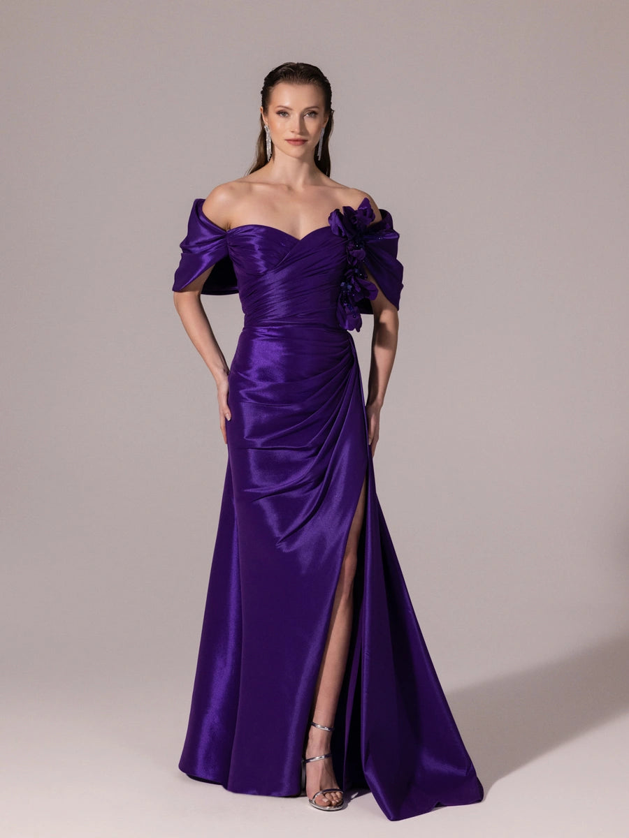 A25177-Straplez Şal Kol Çiçek Detaylı Yırtmaçlı Balık Abiye Elbise