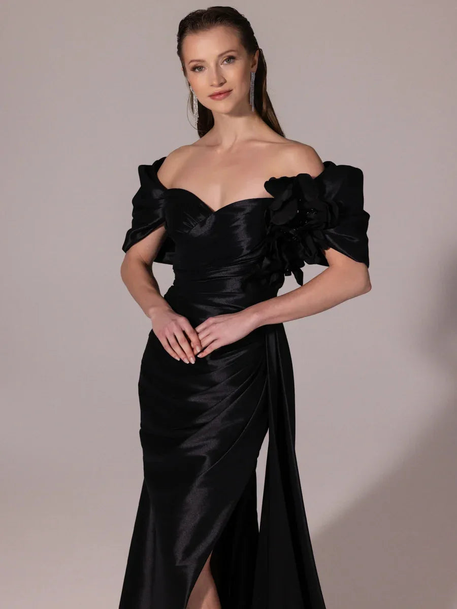 A25177-Straplez Şal Kol Çiçek Detaylı Yırtmaçlı Balık Abiye Elbise - Kenzel