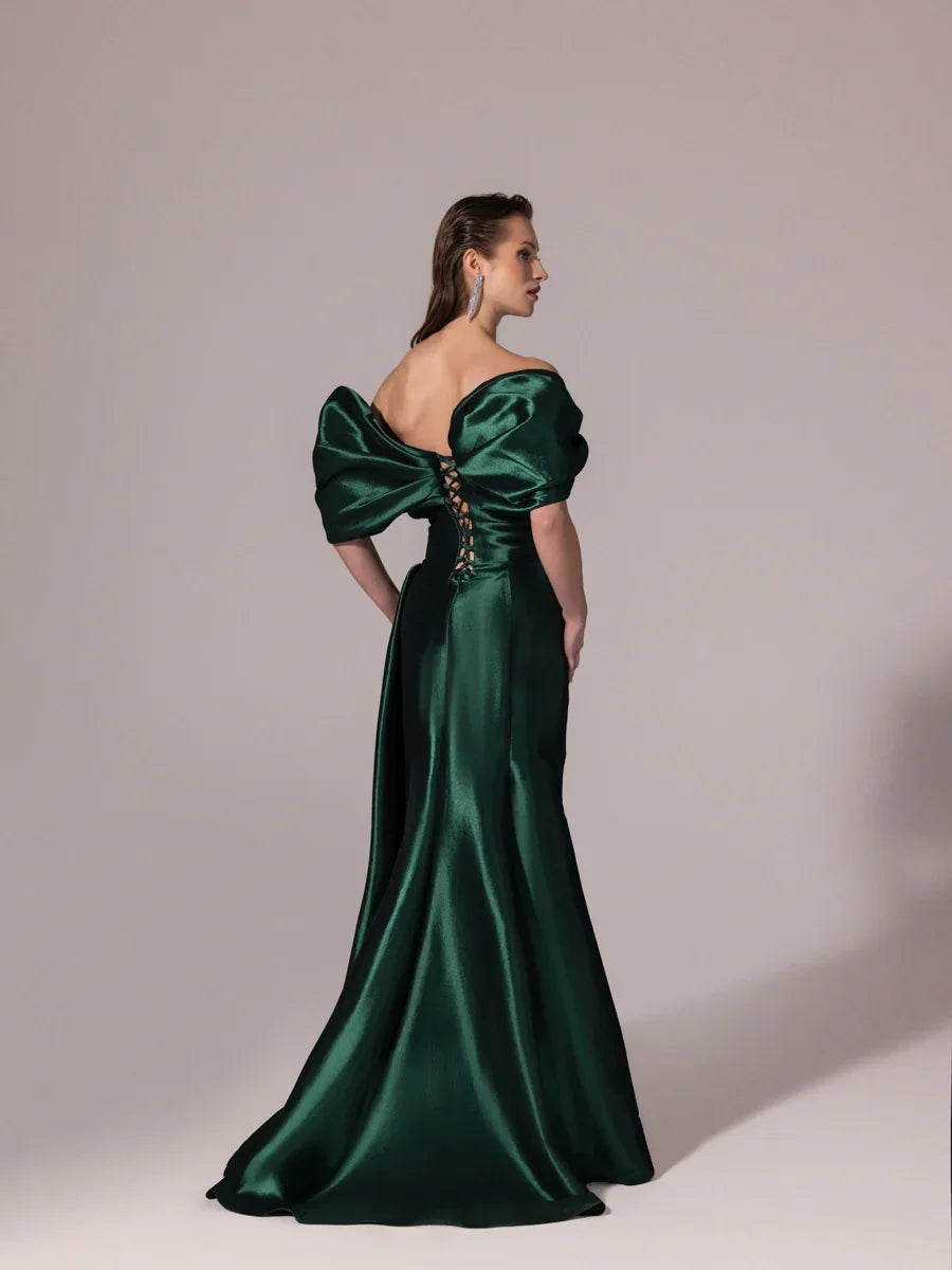 A25177-Straplez Şal Kol Çiçek Detaylı Yırtmaçlı Balık Abiye Elbise - Kenzel