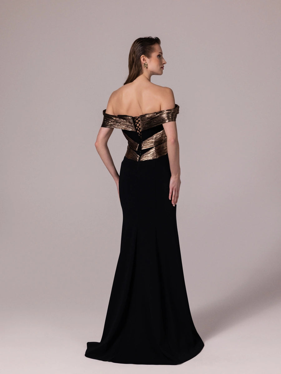 A25179-Parlak Kumaş Garnili Yakası İşlemeli Balık Abiye Elbise