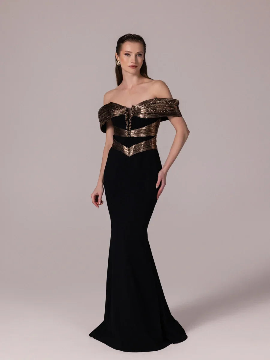 A25179-Parlak Kumaş Garnili Yakası İşlemeli Balık Abiye Elbise - Kenzel