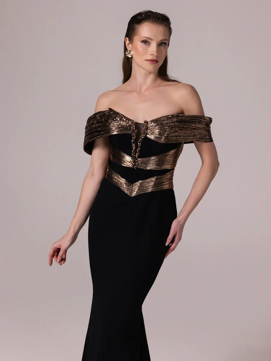 A25179-Parlak Kumaş Garnili Yakası İşlemeli Balık Abiye Elbise - Kenzel