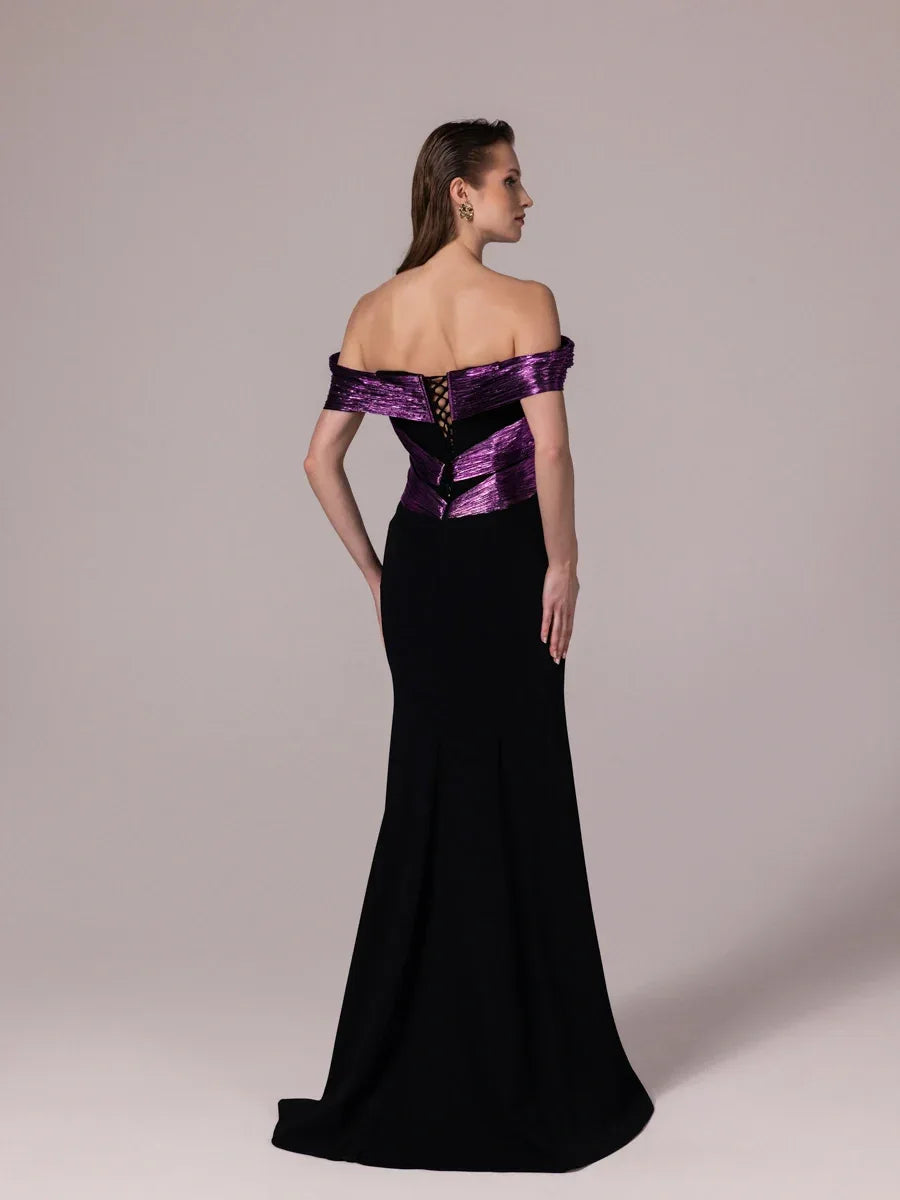 A25179-Parlak Kumaş Garnili Yakası İşlemeli Balık Abiye Elbise - Kenzel