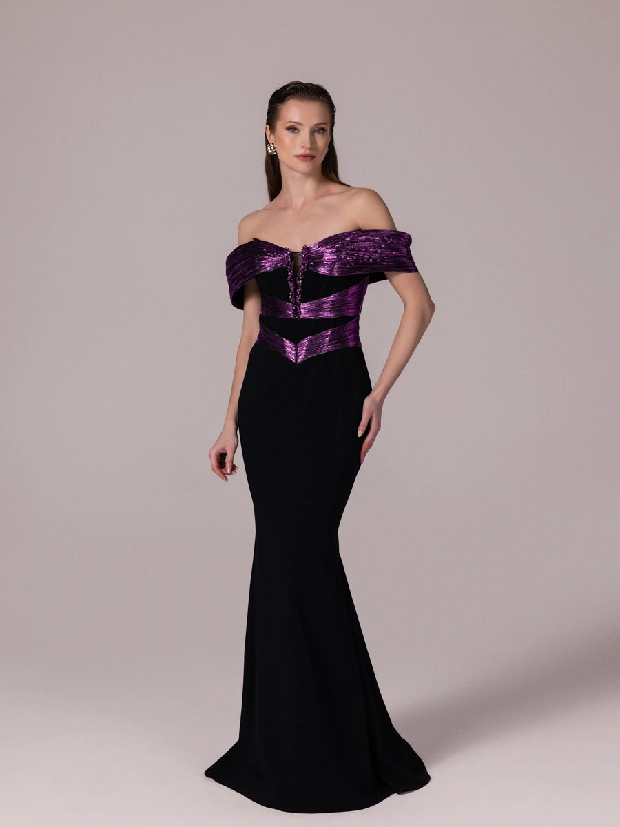 A25179-Parlak Kumaş Garnili Yakası İşlemeli Balık Abiye Elbise