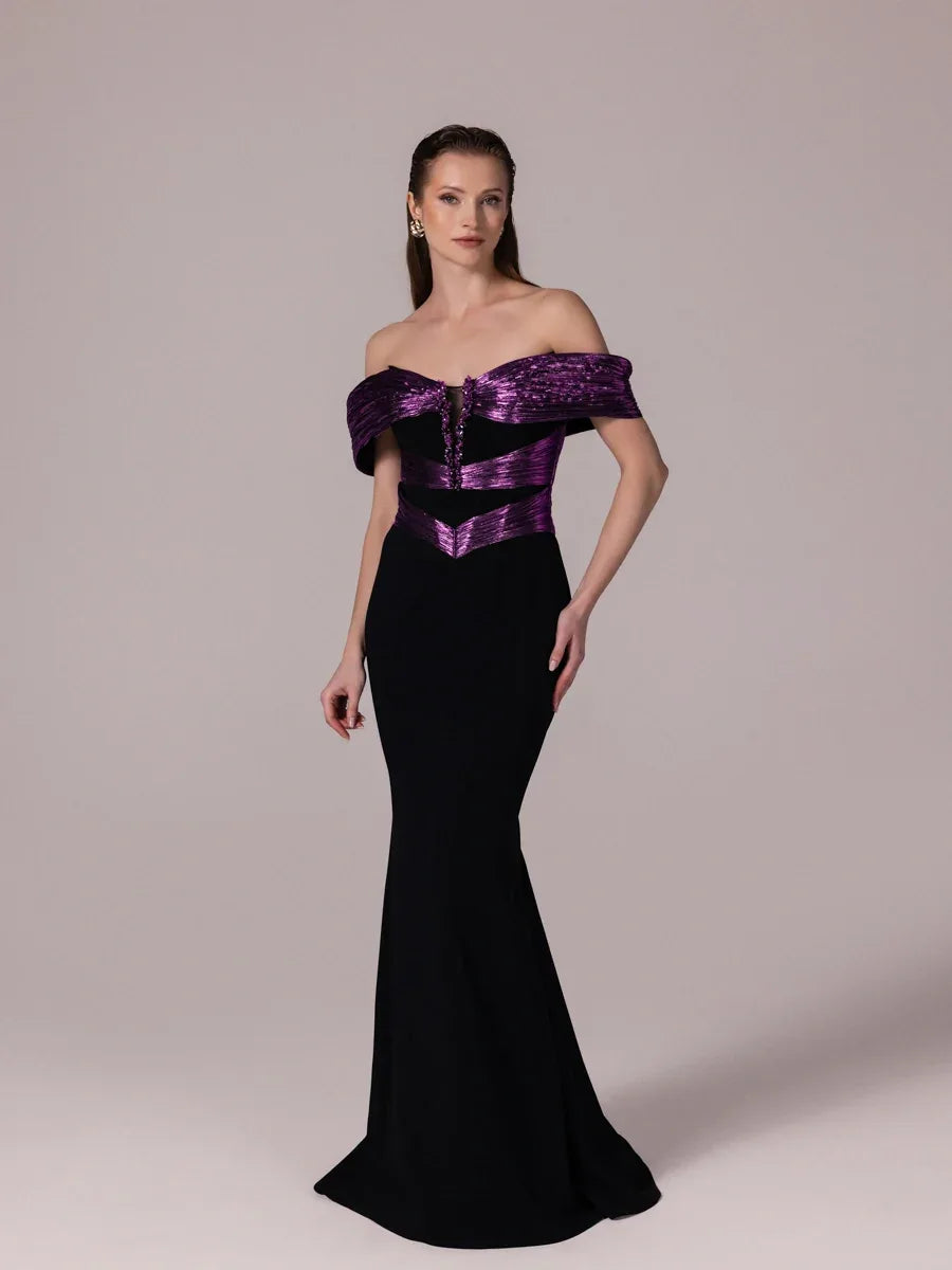 A25179-Parlak Kumaş Garnili Yakası İşlemeli Balık Abiye Elbise - Kenzel