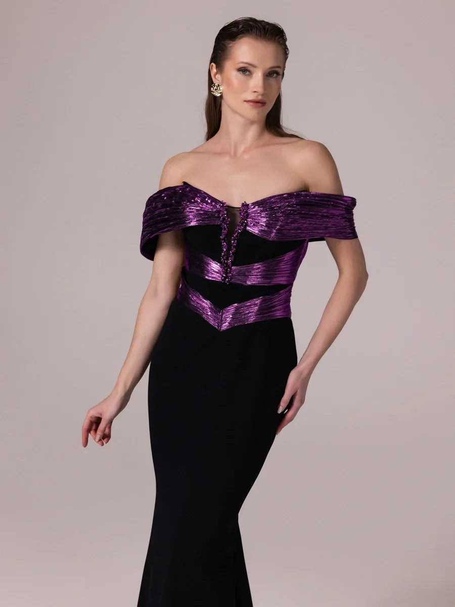 A25179-Parlak Kumaş Garnili Yakası İşlemeli Balık Abiye Elbise - Kenzel