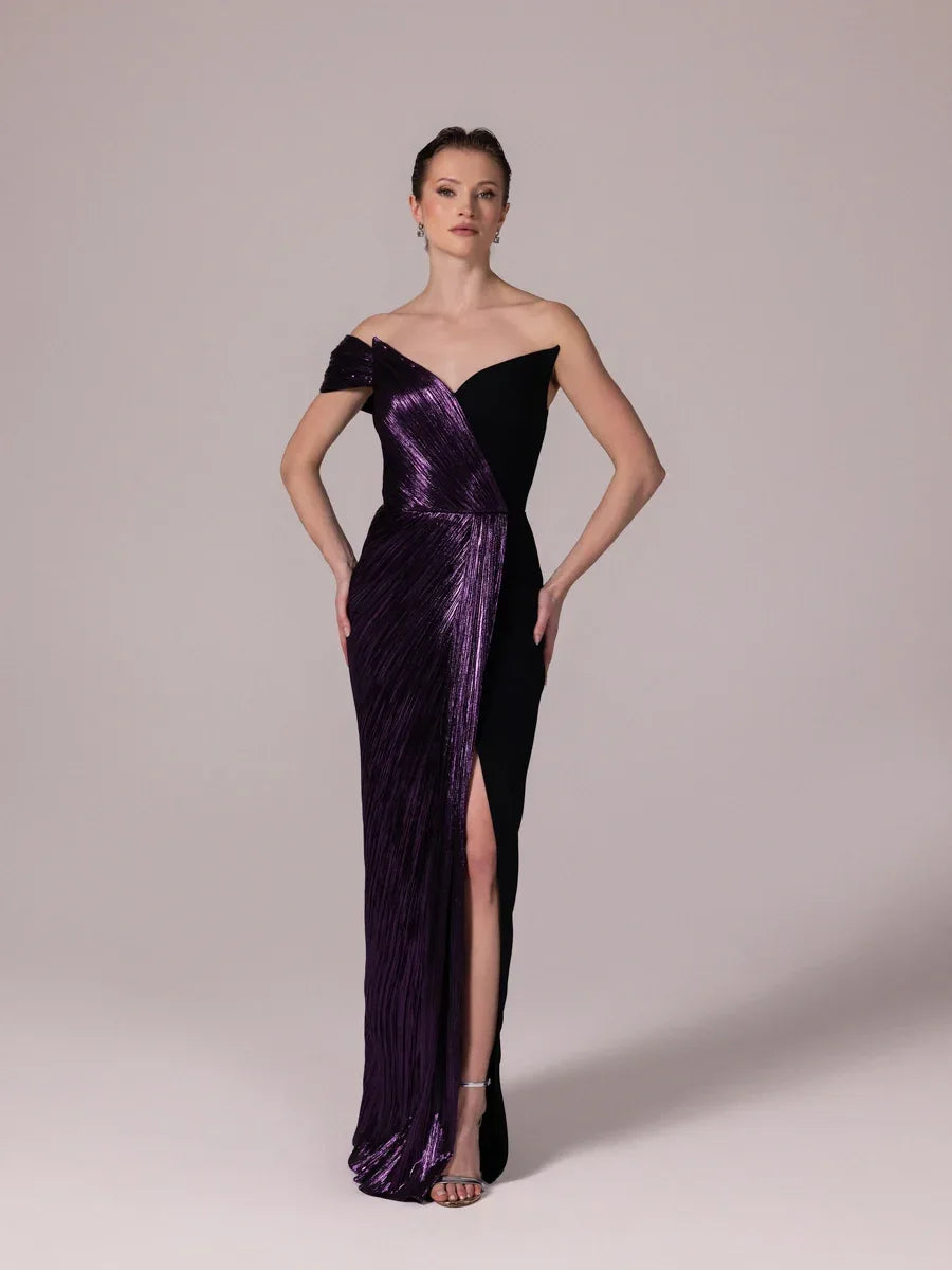 A25186-Tek Omuzlu Pliseli Uzun Abiye Elbise - Kenzel