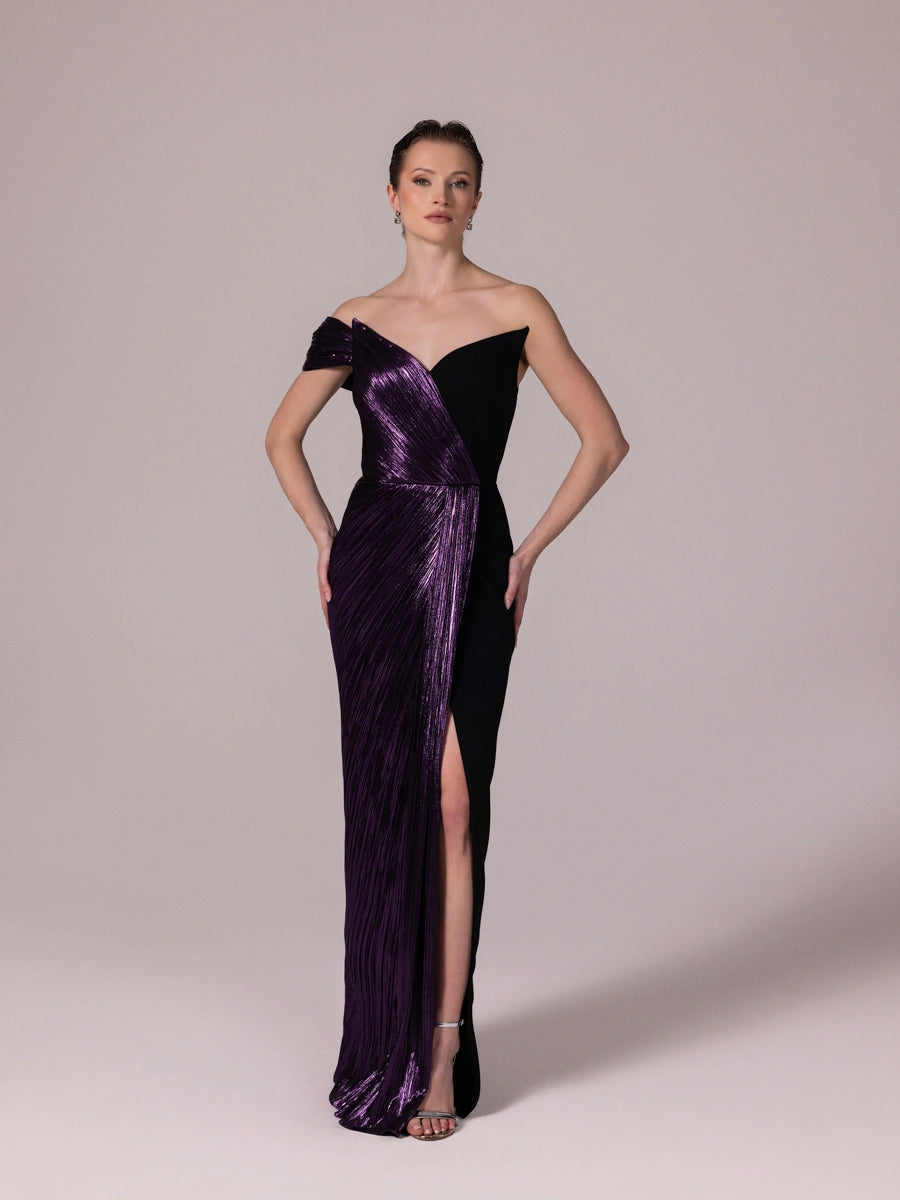 A25186-Tek Omuzlu Pliseli Uzun Abiye Elbise