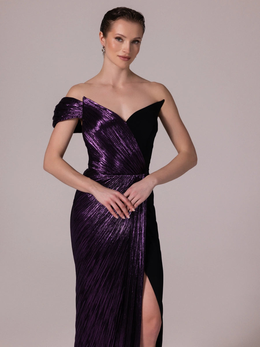 A25186-Tek Omuzlu Pliseli Uzun Abiye Elbise