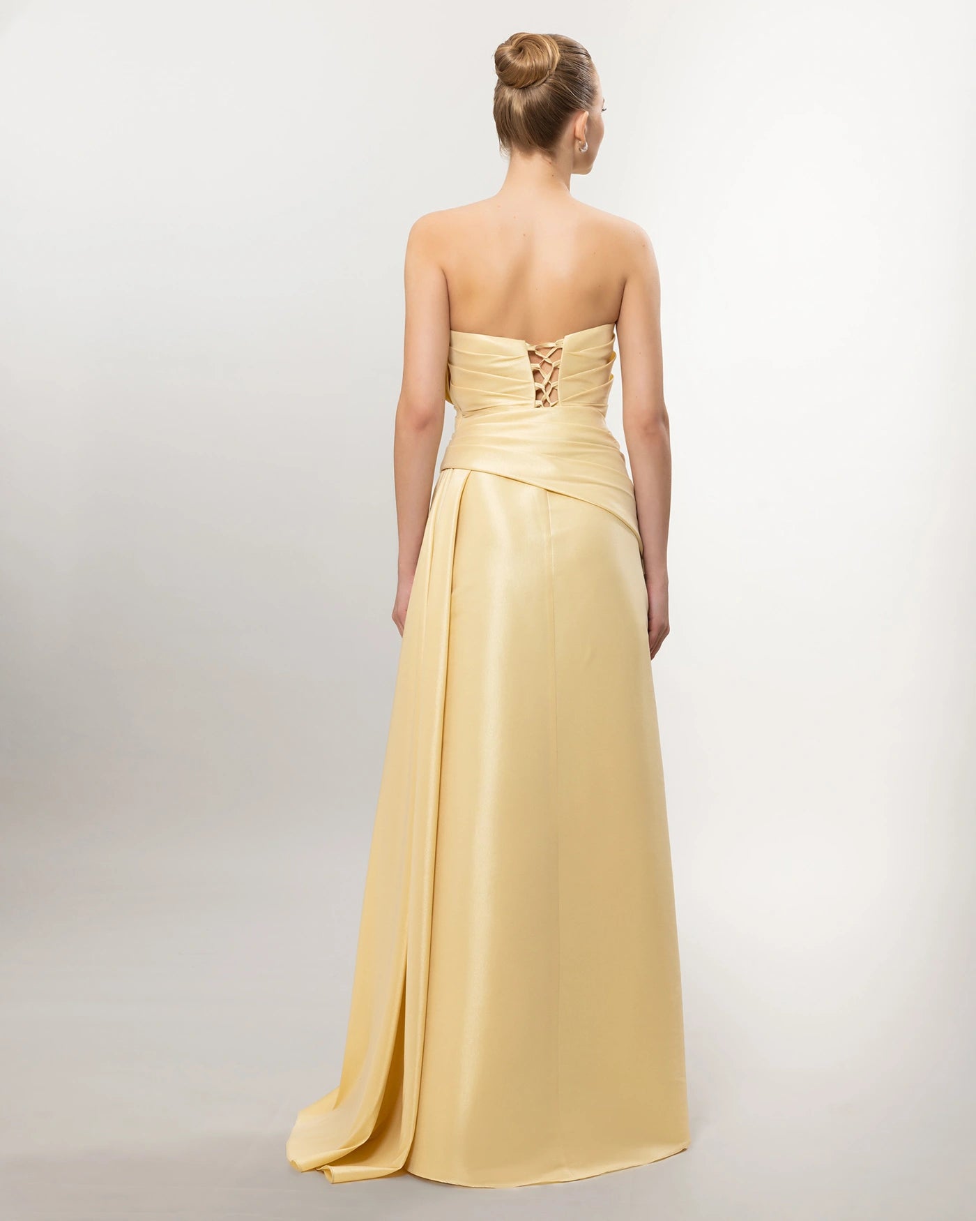 A26023-Strapless Layered Draped Slit Long Evening Dress