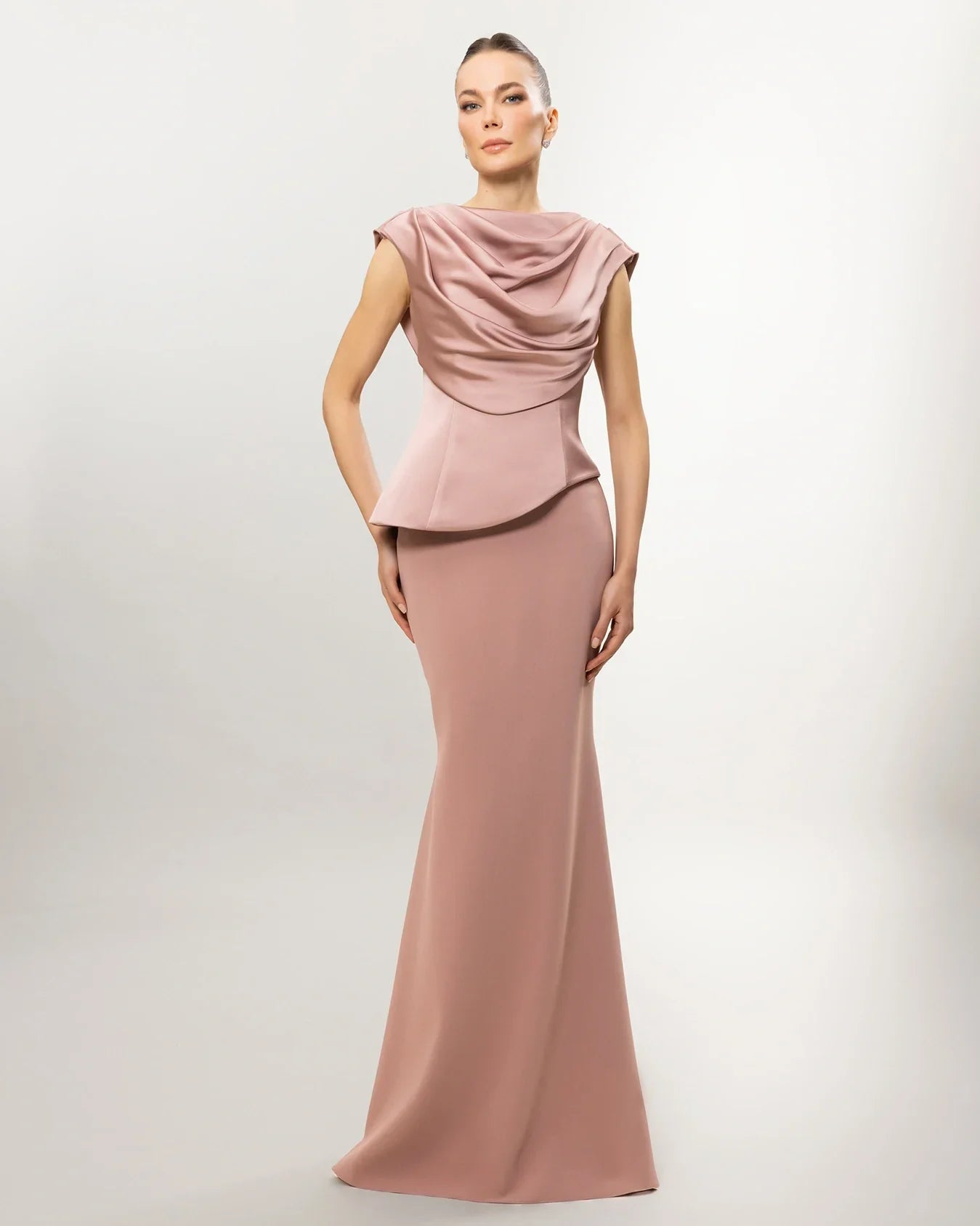 A26028-Drapeli Yaka Peplum Detaylı Balık Abiye Elbise - Kenzel