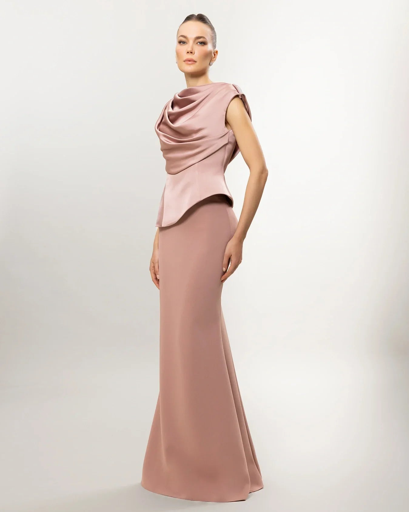 A26028-Drapeli Yaka Peplum Detaylı Balık Abiye Elbise - Kenzel