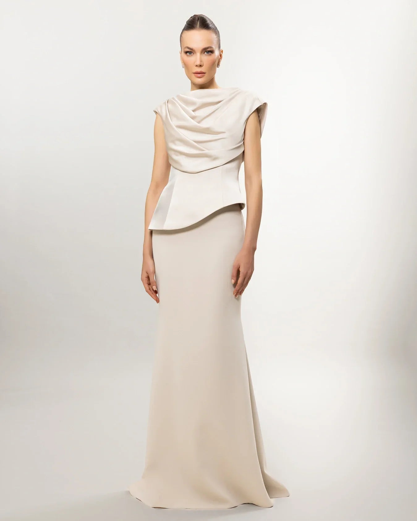 A26028-Drapeli Yaka Peplum Detaylı Balık Abiye Elbise - Kenzel