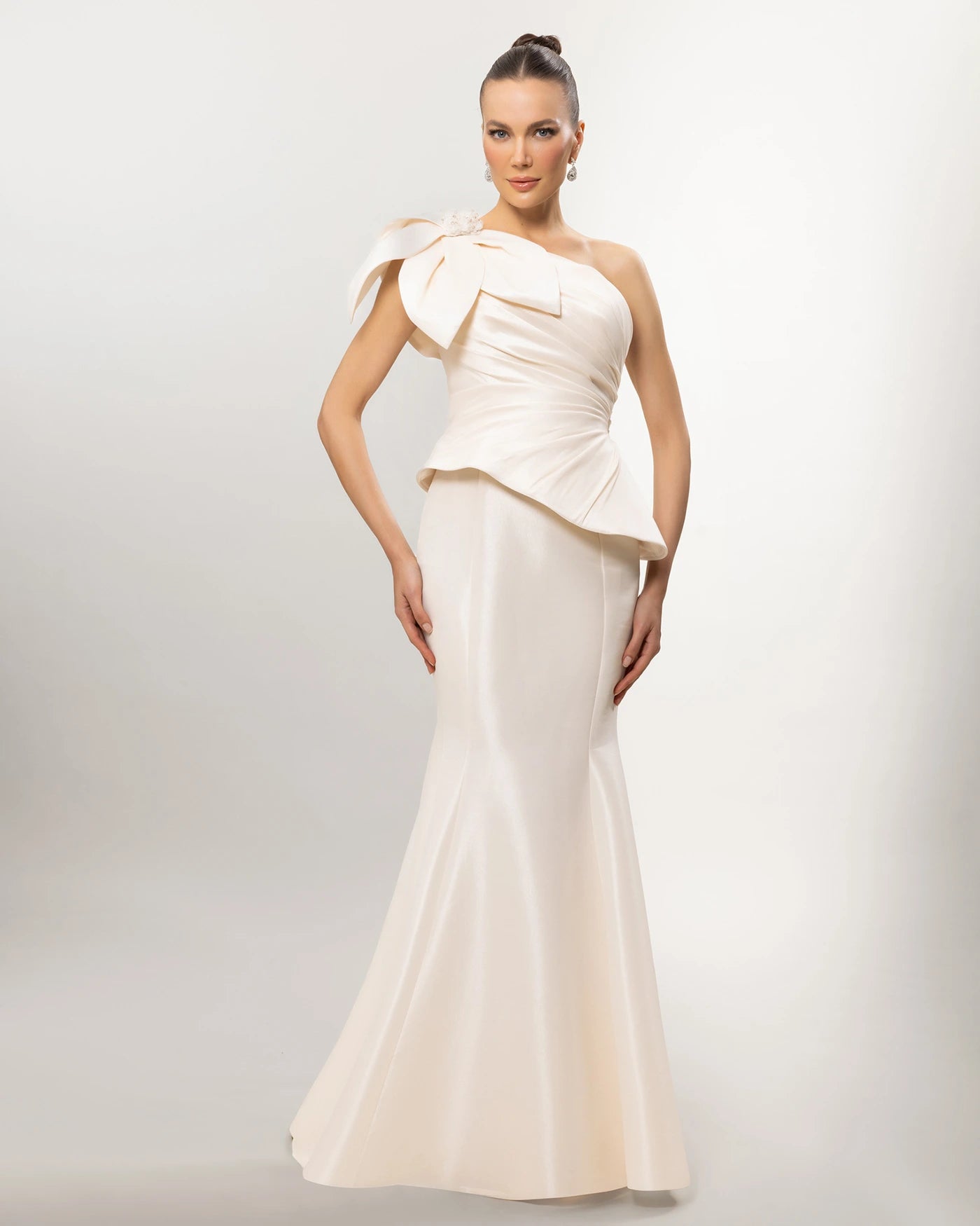 A26054-One Shoulder Bow Detail Peplum Detail Mermaid Evening Dress