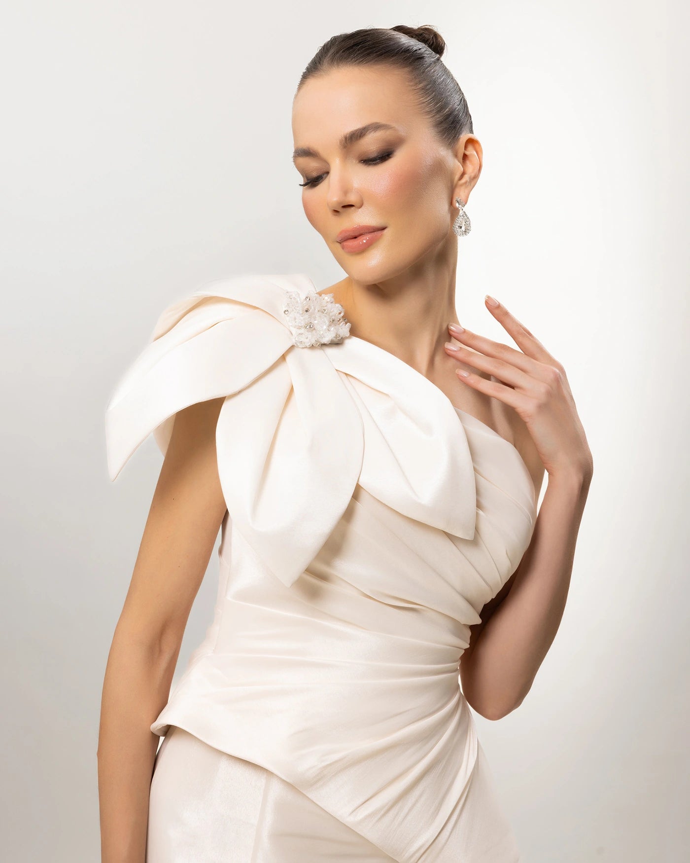 A26054-One Shoulder Bow Detail Peplum Detail Mermaid Evening Dress