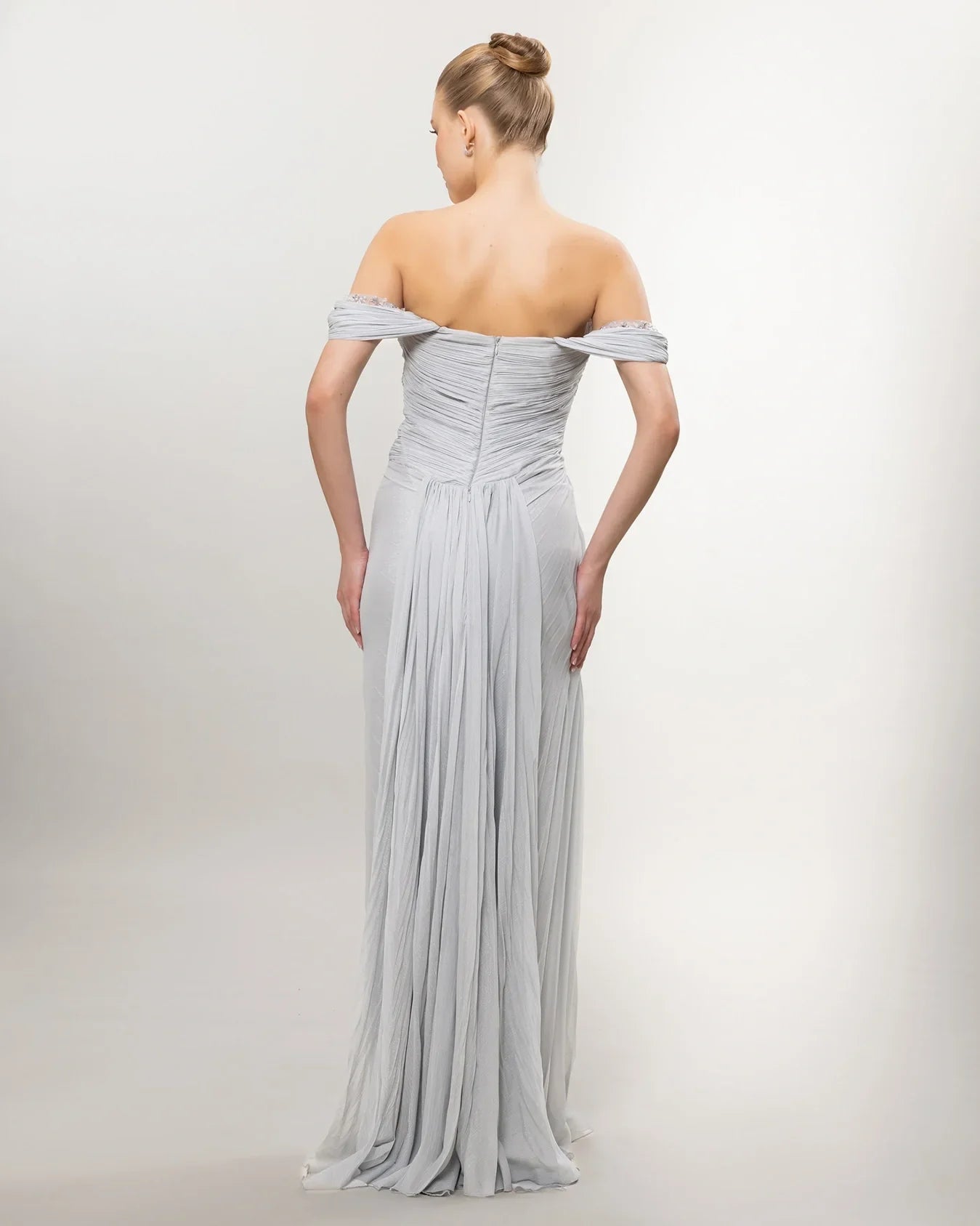 A26073-Low Shoulder Stone Detailed Draped Long Dress