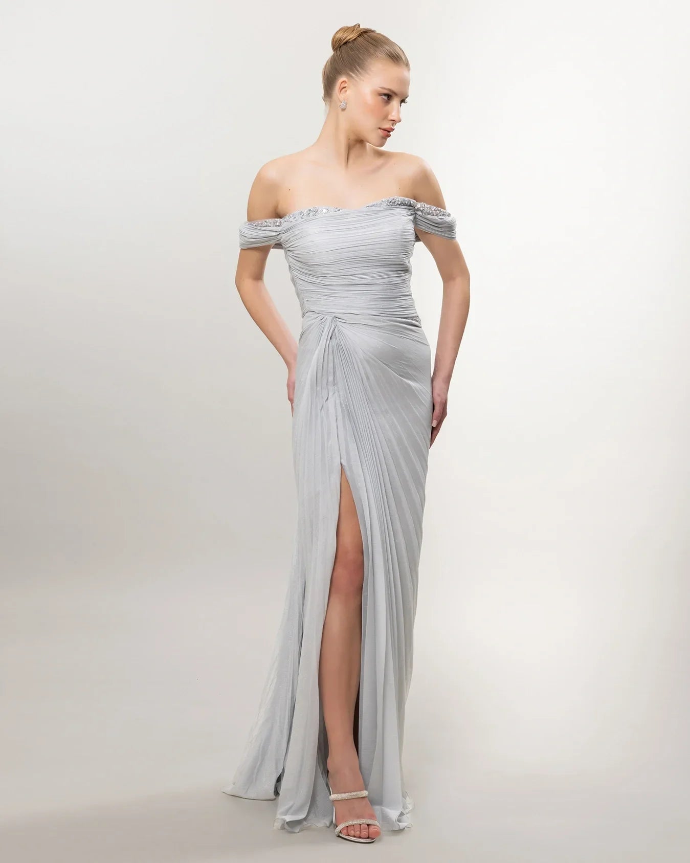 A26073-Low Shoulder Stone Detailed Draped Long Dress