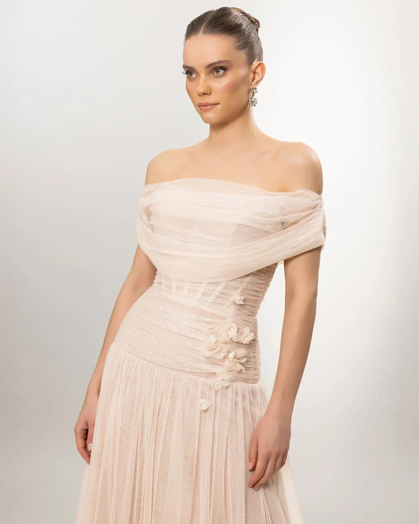 A26077-Düşük Omuz Kabarık Uzun Abiye Elbise - Kenzel